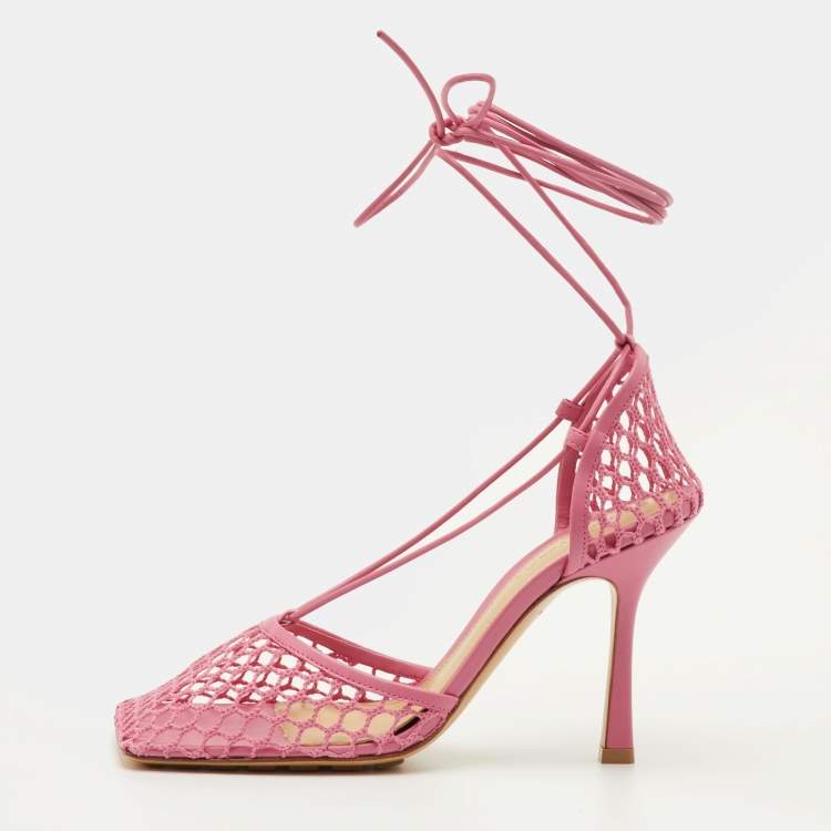 Pre Owned Bottega Veneta Stretch Size 38 Pink Mesh and Leather Ankle Wrap Sandals