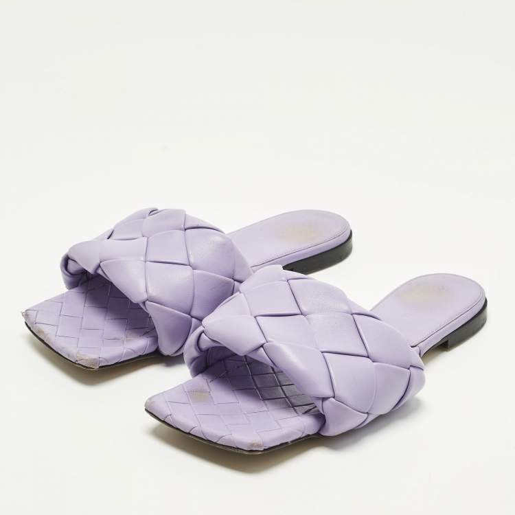 Pre Owned Bottega Veneta Lido Size 39 Purple Woven Leather Flat Slide