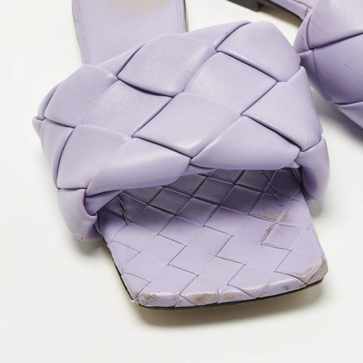 Pre Owned Bottega Veneta Lido Size 39 Purple Woven Leather Flat Slide