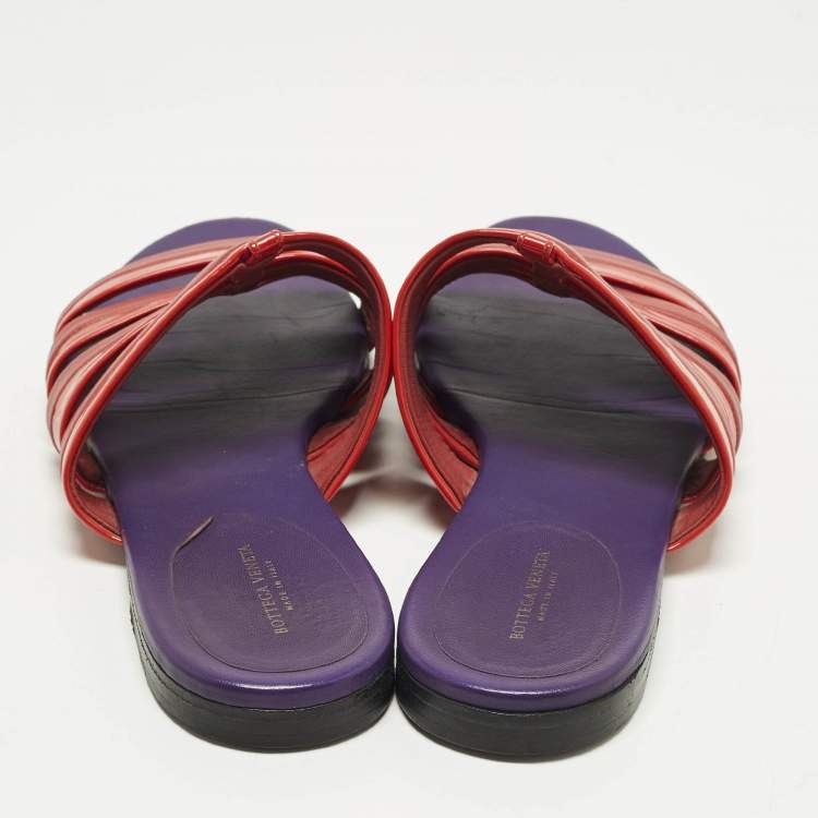Pre Owned Bottega Veneta Size 40 Red Leather and Patent Leather Flat Slides 