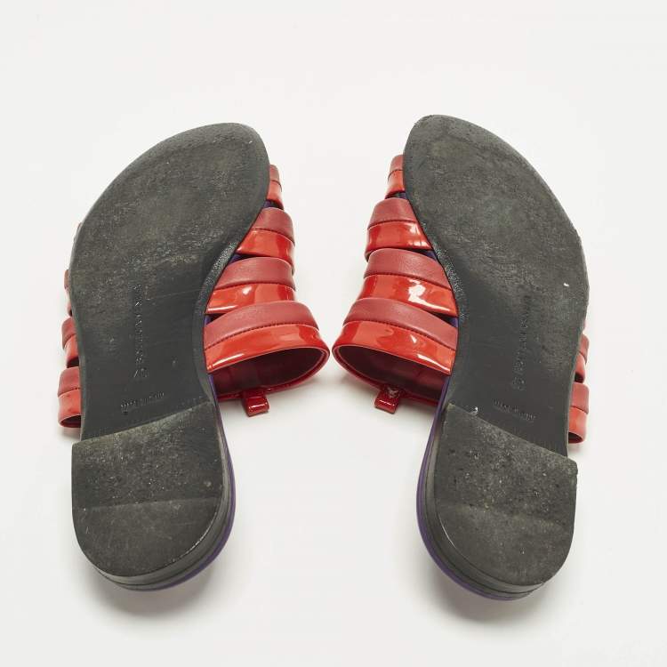 Pre Owned Bottega Veneta Size 40 Red Leather and Patent Leather Flat Slides 