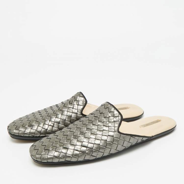Pre Owned Bottega Veneta Size 39 Metallic Intrecciato Leather Flat Mules