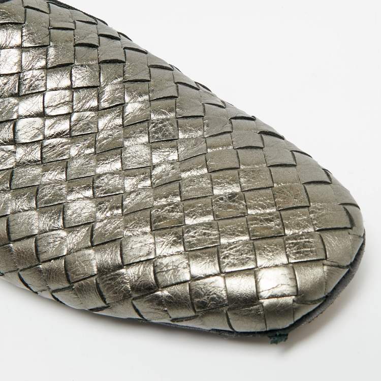 Pre Owned Bottega Veneta Size 39 Metallic Intrecciato Leather Flat Mules