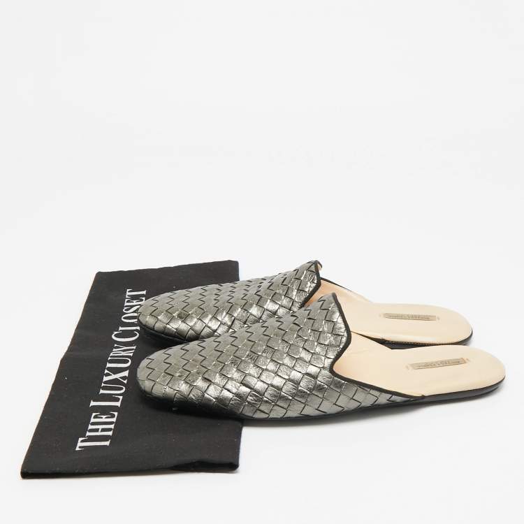 Pre Owned Bottega Veneta Size 39 Metallic Intrecciato Leather Flat Mules