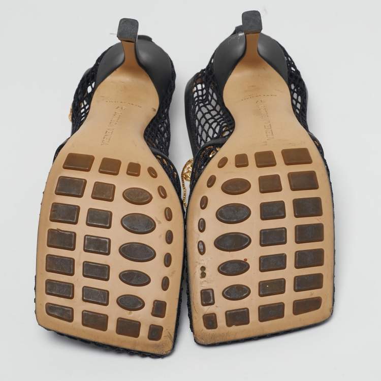 Pre Owned Bottega Veneta Stretch Size 37 Black Leather and Mesh Ankle Strap Pumps