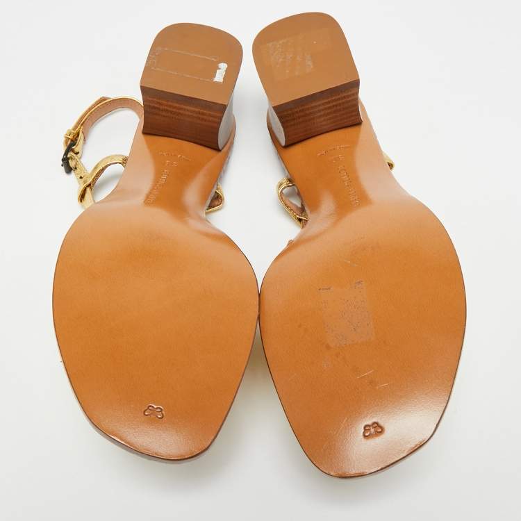 Pre Owned Bottega Veneta Size 38 Gold Intrecciato Leather Slingback Sandals