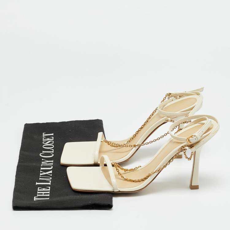 Pre Owned Bottega Veneta Size 37 Cream Leather Chain Ankle Strap Sandals