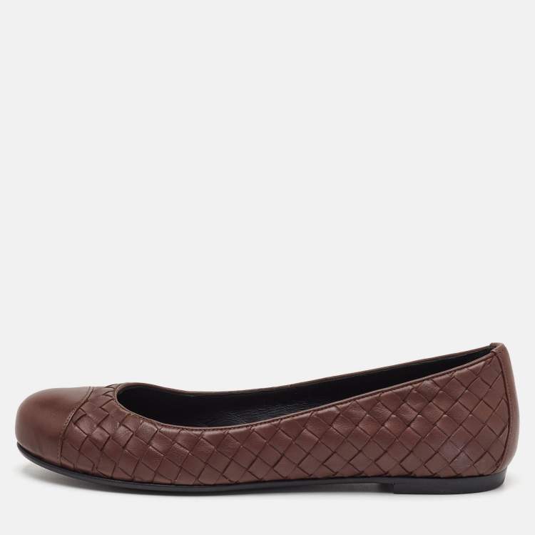 Pre Owned Bottega Veneta Size 37.5 Brown Intrecciato Leather Ballet Flats