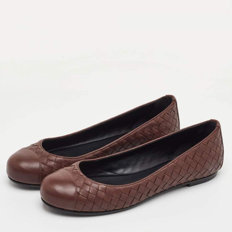 Pre Owned Bottega Veneta Size 37.5 Brown Intrecciato Leather Ballet Flats
