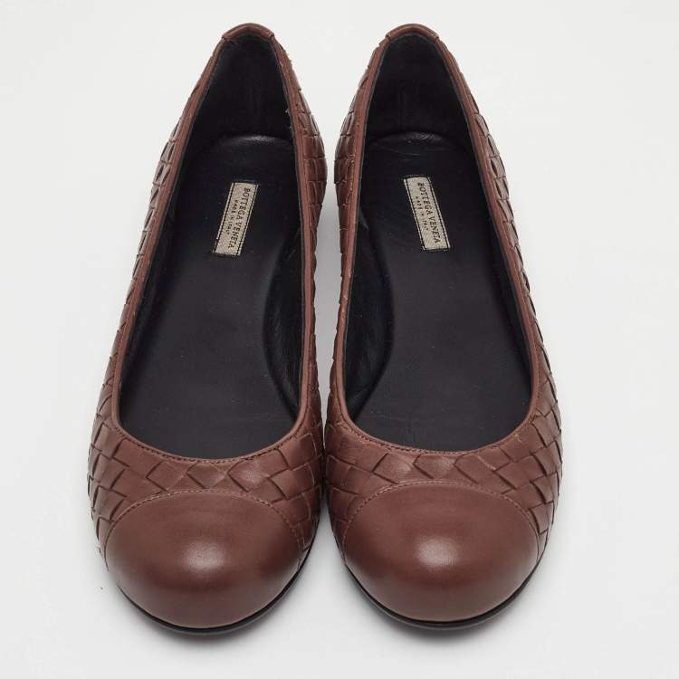 Pre Owned Bottega Veneta Size 37.5 Brown Intrecciato Leather Ballet Flats