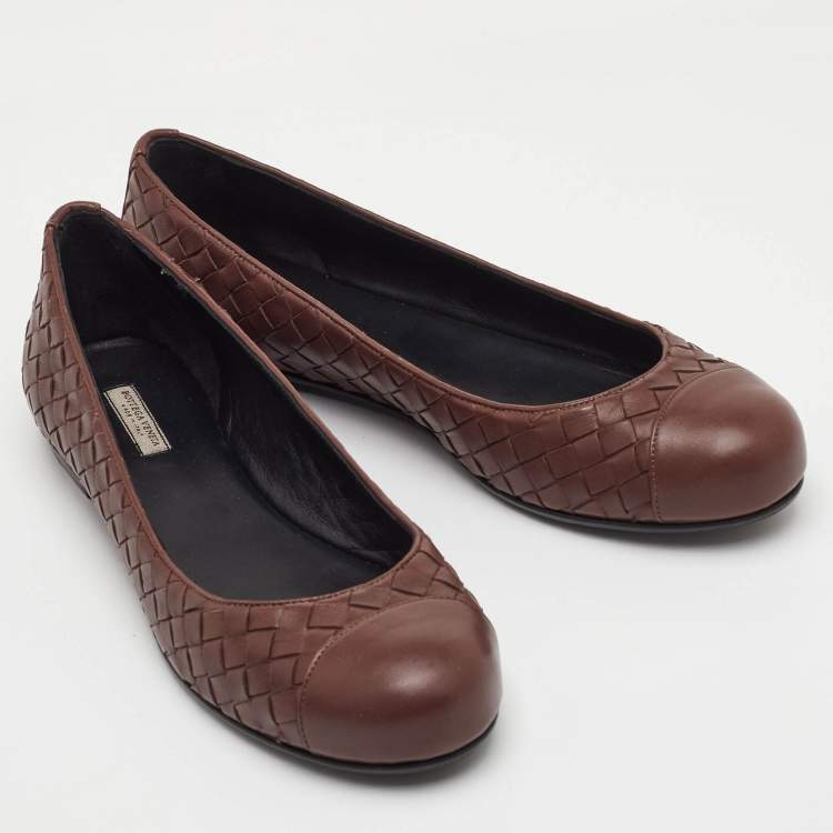 Pre Owned Bottega Veneta Size 37.5 Brown Intrecciato Leather Ballet Flats