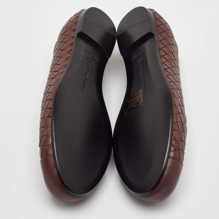 Pre Owned Bottega Veneta Size 37.5 Brown Intrecciato Leather Ballet Flats