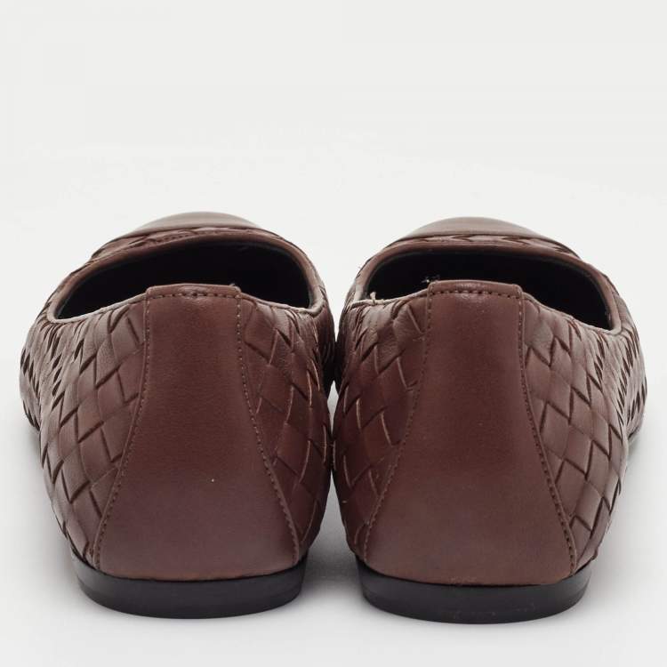 Pre Owned Bottega Veneta Size 37.5 Brown Intrecciato Leather Ballet Flats