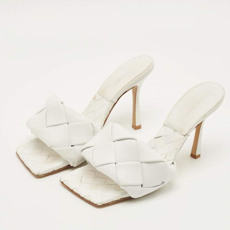 Pre Owned Bottega Veneta Lido Size 39.5 White Intrecciato Leather Slide Sandals