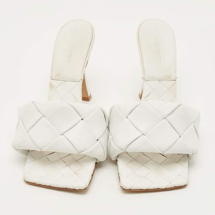 Pre Owned Bottega Veneta Lido Size 39.5 White Intrecciato Leather Slide Sandals