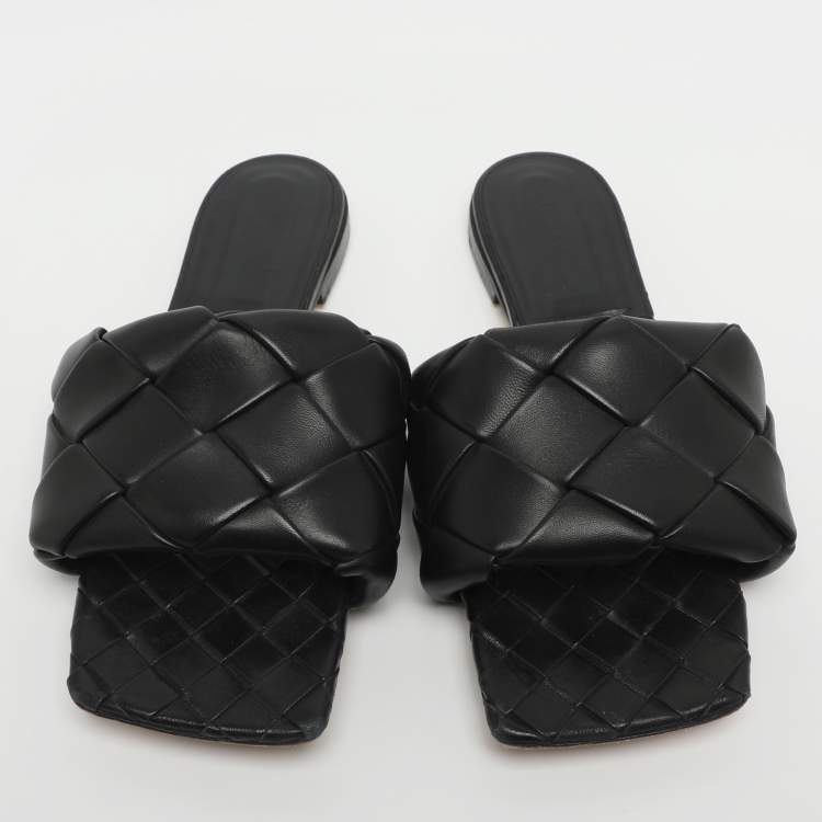 Pre Owned Bottega Veneta Lido Size 38.5 Black Intrecciato Leather Flat Slides 