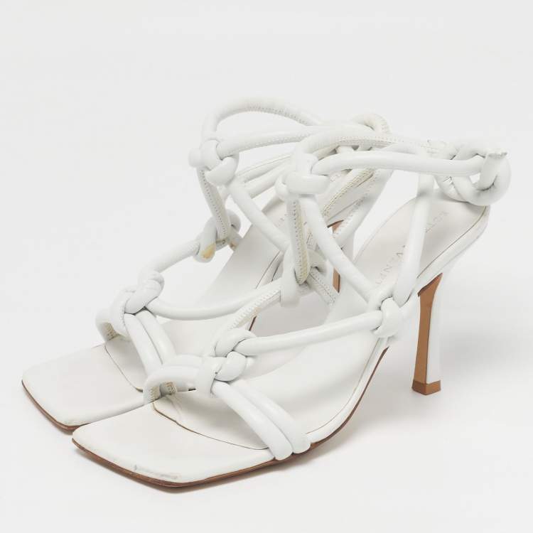 Pre Owned Bottega Veneta Knot Size 38 White Leather Ankle Strap Sandals