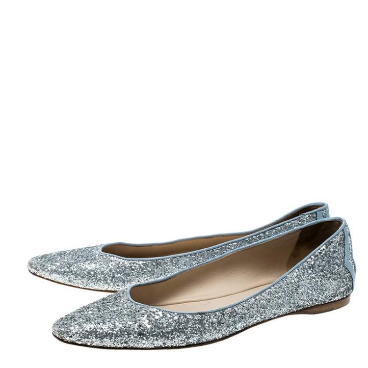 Pre Owned Bottega Veneta Metallic Silver Glitter Intrecciato Leather Trim Pointed Toe Ballet Flats Size 39