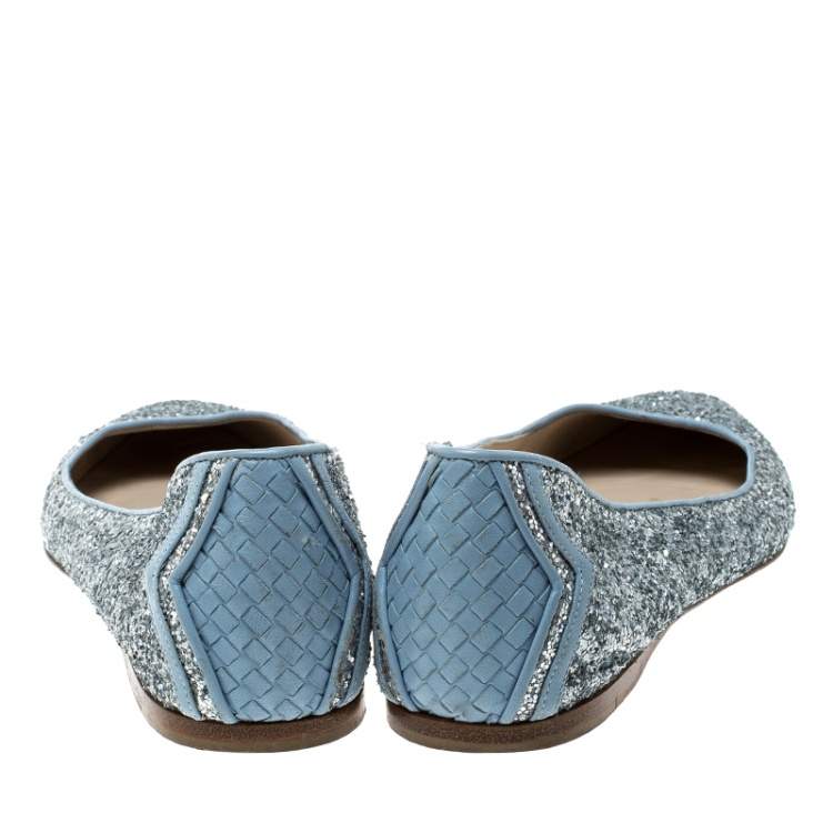Pre Owned Bottega Veneta Metallic Silver Glitter Intrecciato Leather Trim Pointed Toe Ballet Flats Size 39
