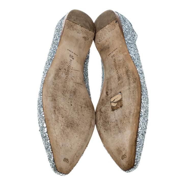Pre Owned Bottega Veneta Metallic Silver Glitter Intrecciato Leather Trim Pointed Toe Ballet Flats Size 39