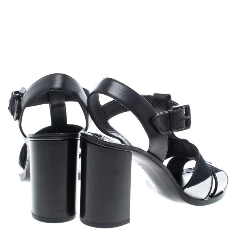 Pre Owned Bottega Veneta Black/White Canvas And Leather T-Strap Sandals Size 39.5