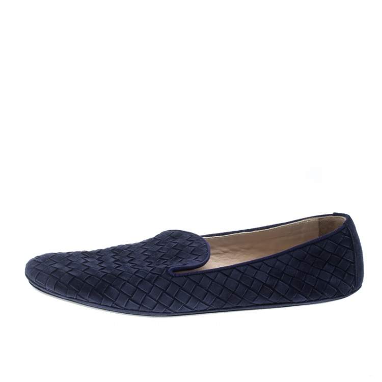 Pre Owned Bottega Veneta Blue Intrecciato Suede Smoking Slippers Size 38.5