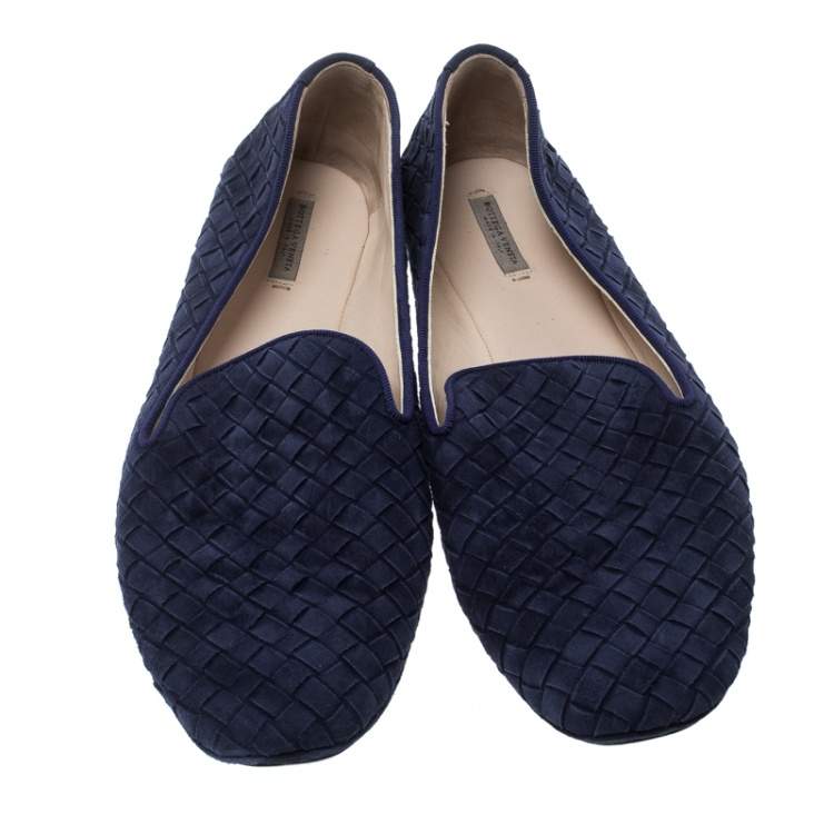 Pre Owned Bottega Veneta Blue Intrecciato Suede Smoking Slippers Size 38.5