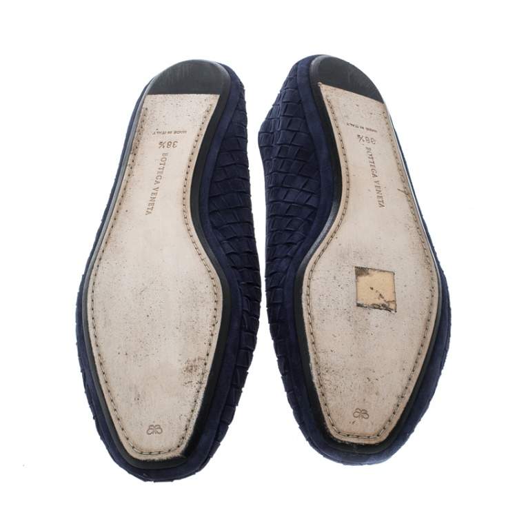 Pre Owned Bottega Veneta Blue Intrecciato Suede Smoking Slippers Size 38.5
