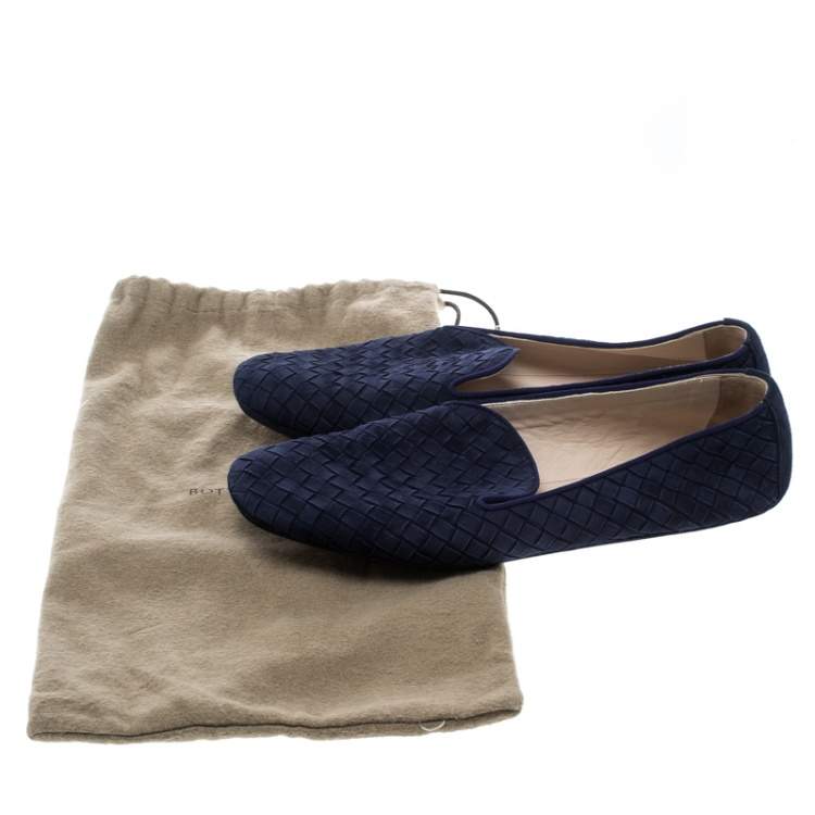 Pre Owned Bottega Veneta Blue Intrecciato Suede Smoking Slippers Size 38.5