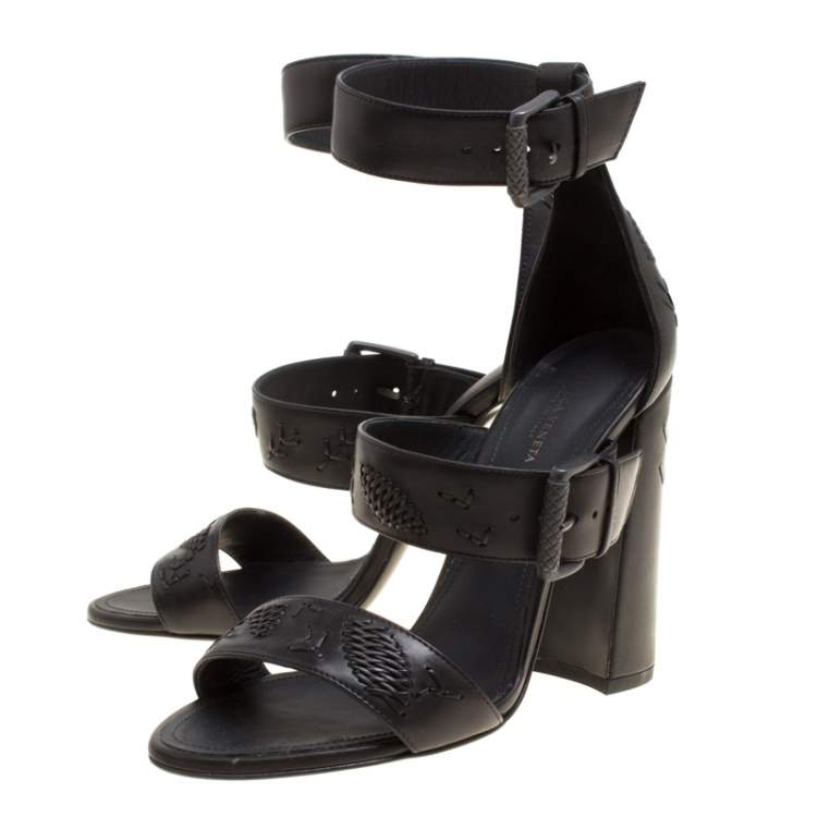 Pre Owned Bottega Veneta Black Leather Embroidery Stitch Detail Block Heel Ankle Strap Sandals Size 37.5