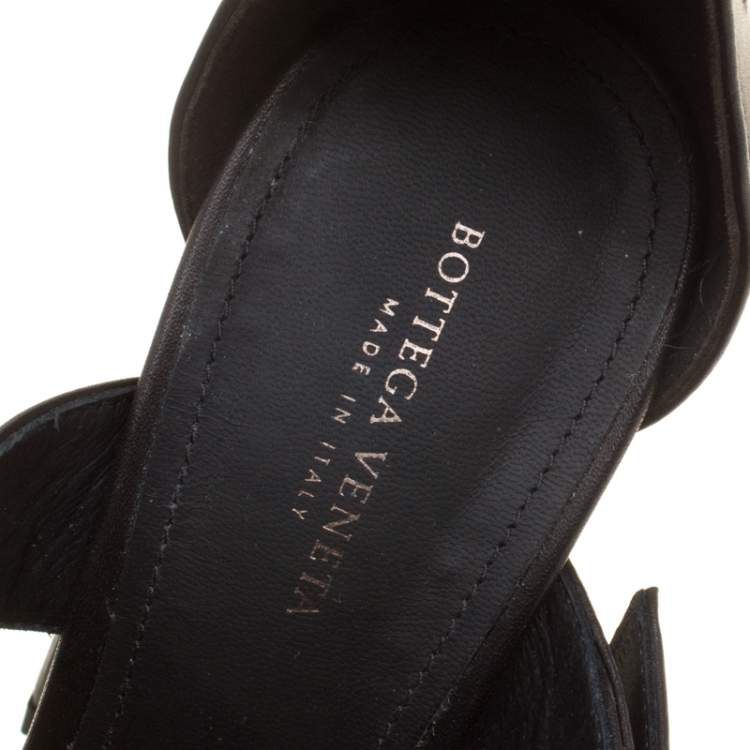 Pre Owned Bottega Veneta Black Leather Embroidery Stitch Detail Block Heel Ankle Strap Sandals Size 37.5