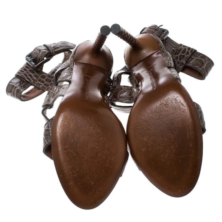 Pre Owned Bottega Veneta Brown Alligator Leather Ankle Strap Sandals Size 37.5