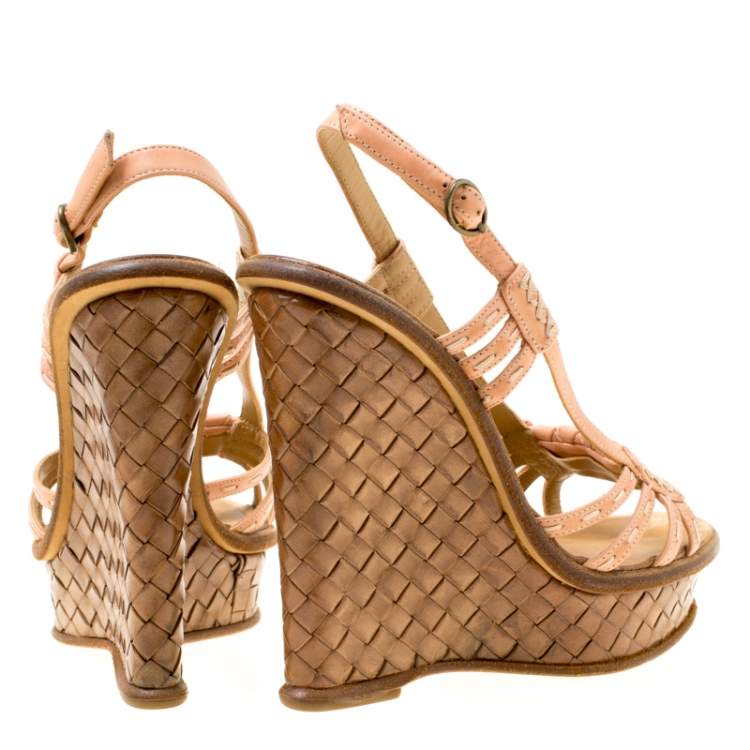 Pre Owned Bottega Veneta Peach Pink Leather Slingback Platform Wedge Sandals Size 36.5