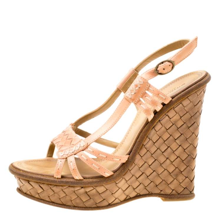 Pre Owned Bottega Veneta Peach Pink Leather Slingback Platform Wedge Sandals Size 36.5