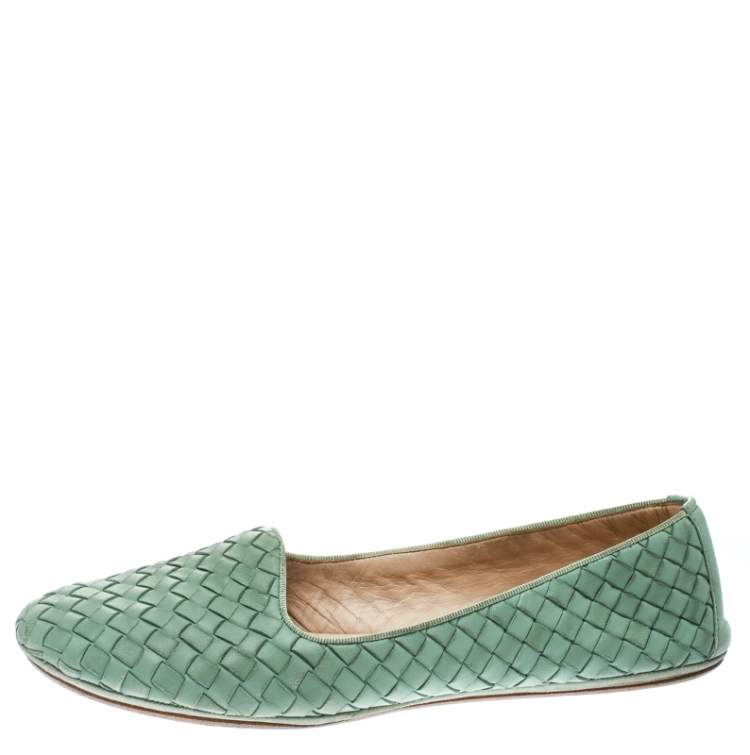 Pre Owned Bottega Veneta Green Intrecciato Leather Smoking Slippers Size 40