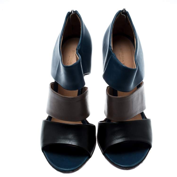 Pre Owned Bottega Veneta Tricolor Leather Open Toe Cut Out Booties Size 36.5