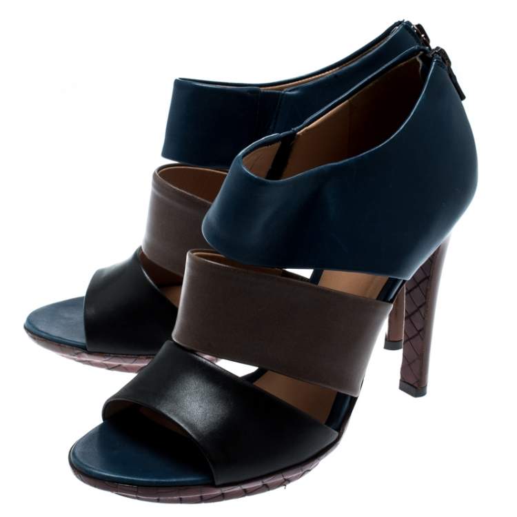 Pre Owned Bottega Veneta Tricolor Leather Open Toe Cut Out Booties Size 36.5