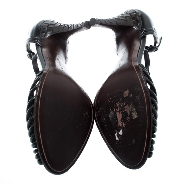 Pre Owned Bottega Veneta Black Leather Intrecciato Heel T Strap Sandals Size 37.5