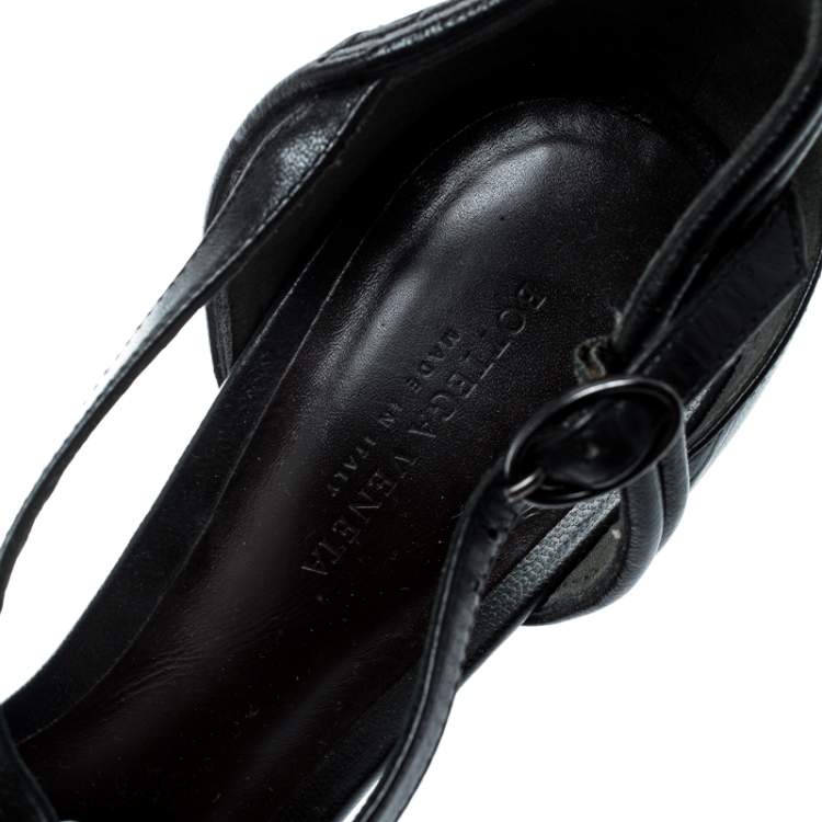 Pre Owned Bottega Veneta Black Leather Intrecciato Heel T Strap Sandals Size 37.5
