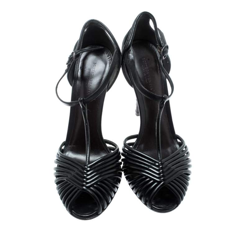 Pre Owned Bottega Veneta Black Leather Intrecciato Heel T Strap Sandals Size 37.5