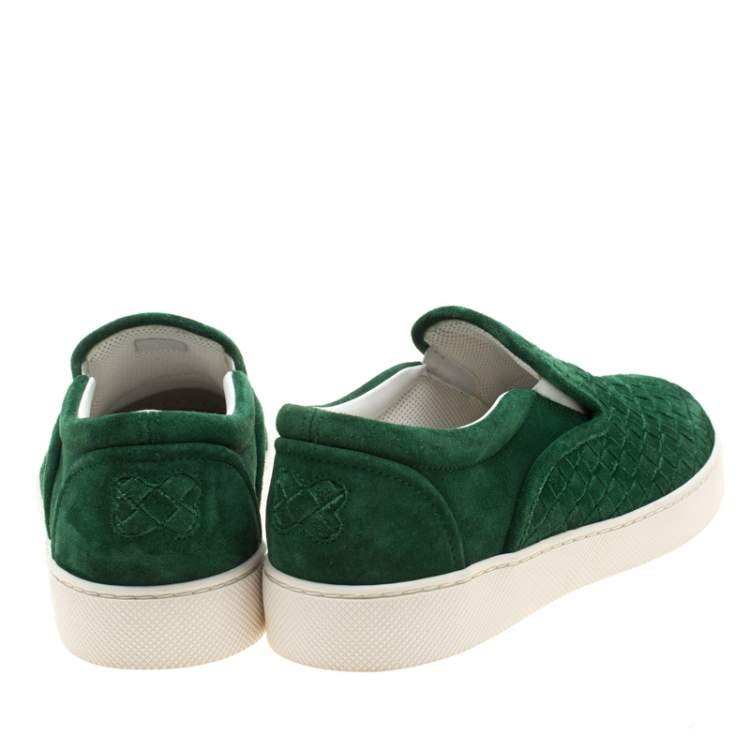 Pre Owned Bottega Veneta Green Intrecciato Suede Slip On Sneakers Size 39
