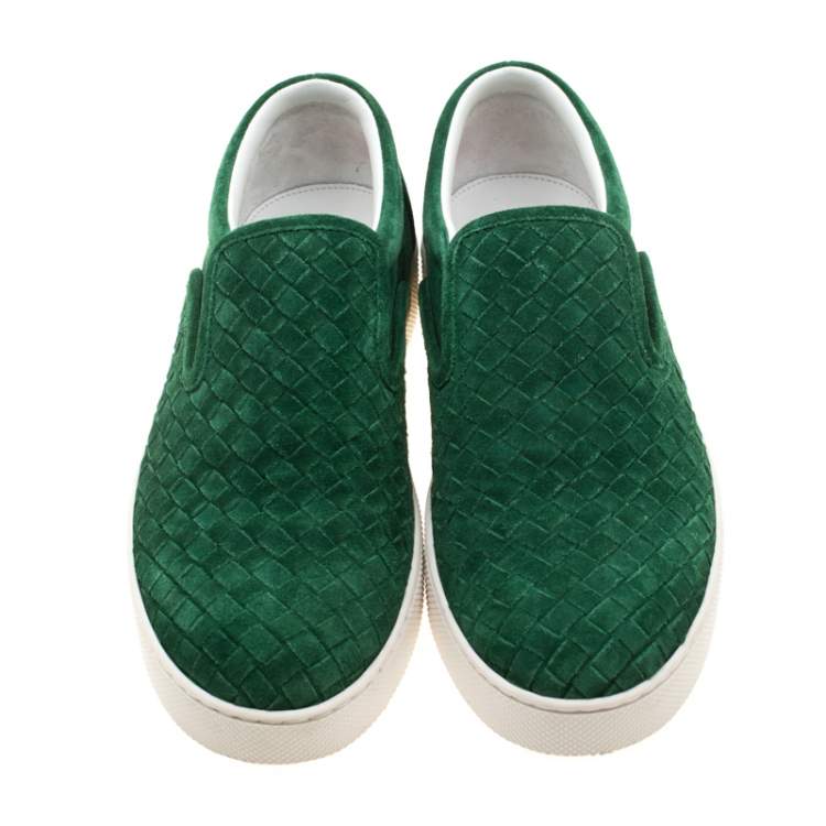 Pre Owned Bottega Veneta Green Intrecciato Suede Slip On Sneakers Size 39