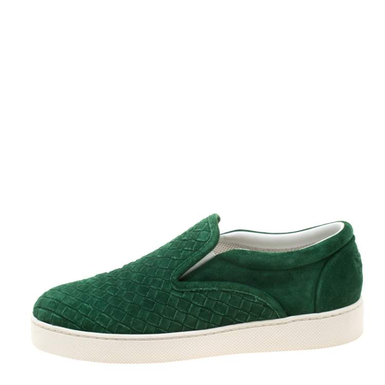 Pre Owned Bottega Veneta Green Intrecciato Suede Slip On Sneakers Size 39