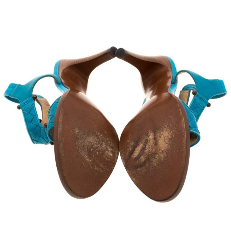 Pre Owned Bottega Veneta Blue Intrecciato Leather T Strap Sandals Size 37