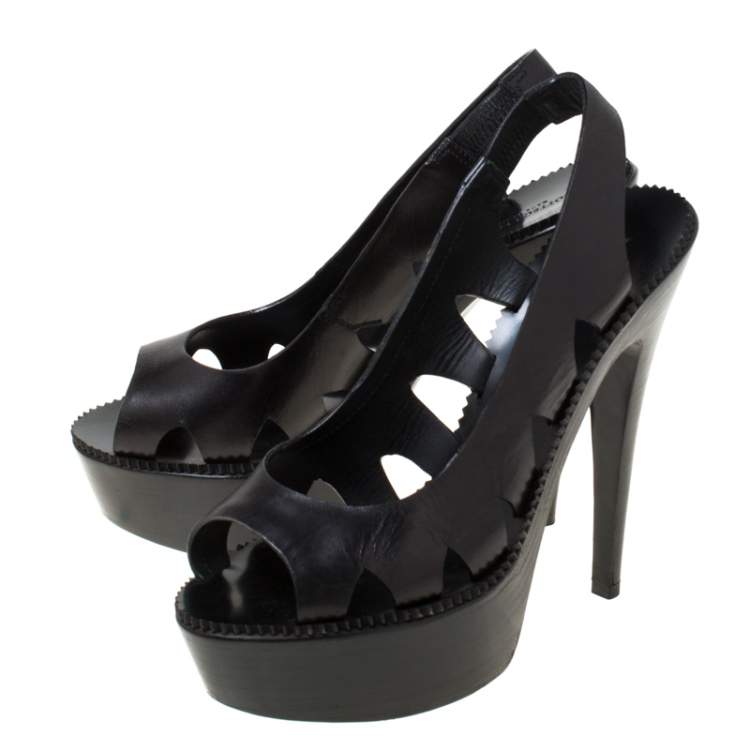 Pre Owned Bottega Veneta Black Cut Out Leather Platform Slingback Sandals Size 38