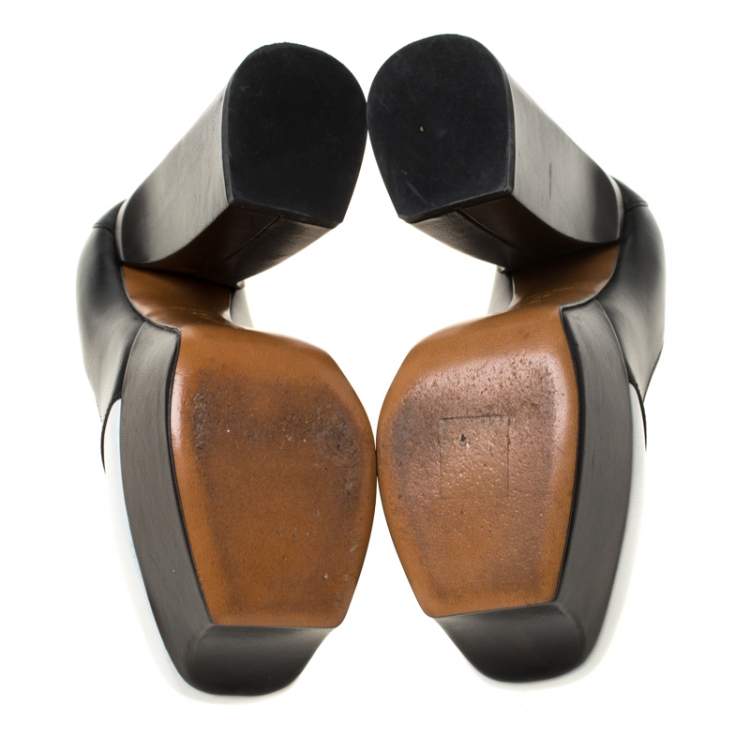 Pre Owned Bottega Veneta Black/White Leather Frill Detail Platform Block Heel Pumps Size 37