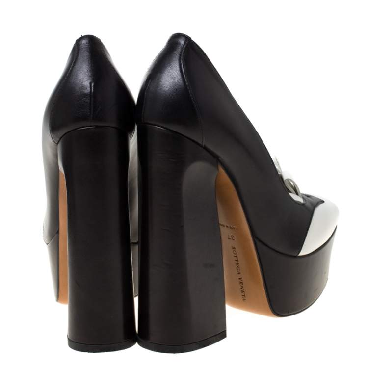 Pre Owned Bottega Veneta Black/White Leather Frill Detail Platform Block Heel Pumps Size 37