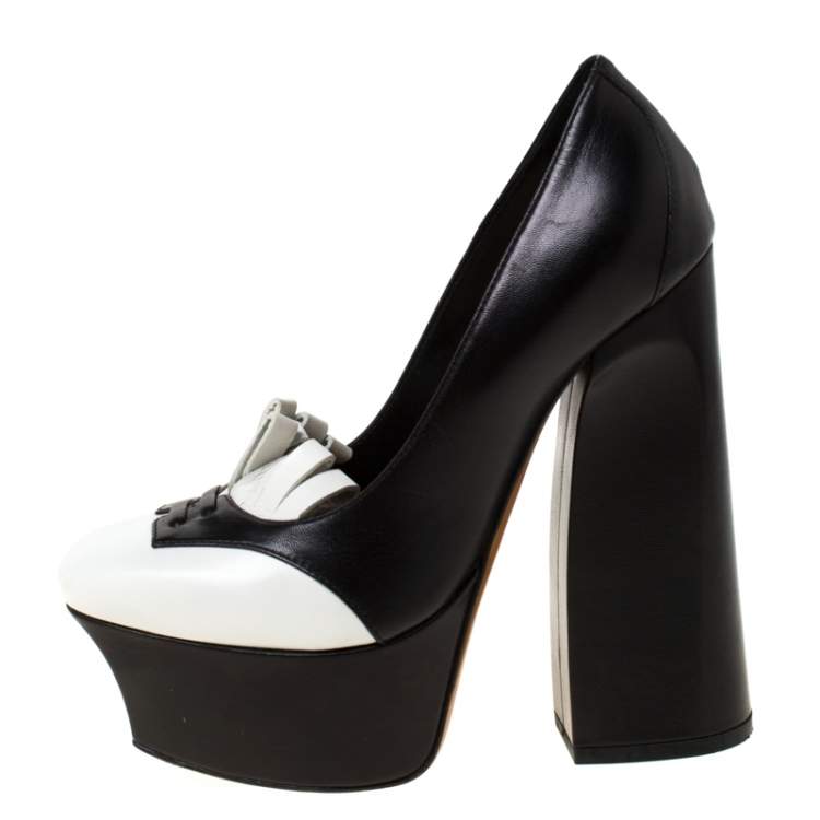 Pre Owned Bottega Veneta Black/White Leather Frill Detail Platform Block Heel Pumps Size 37