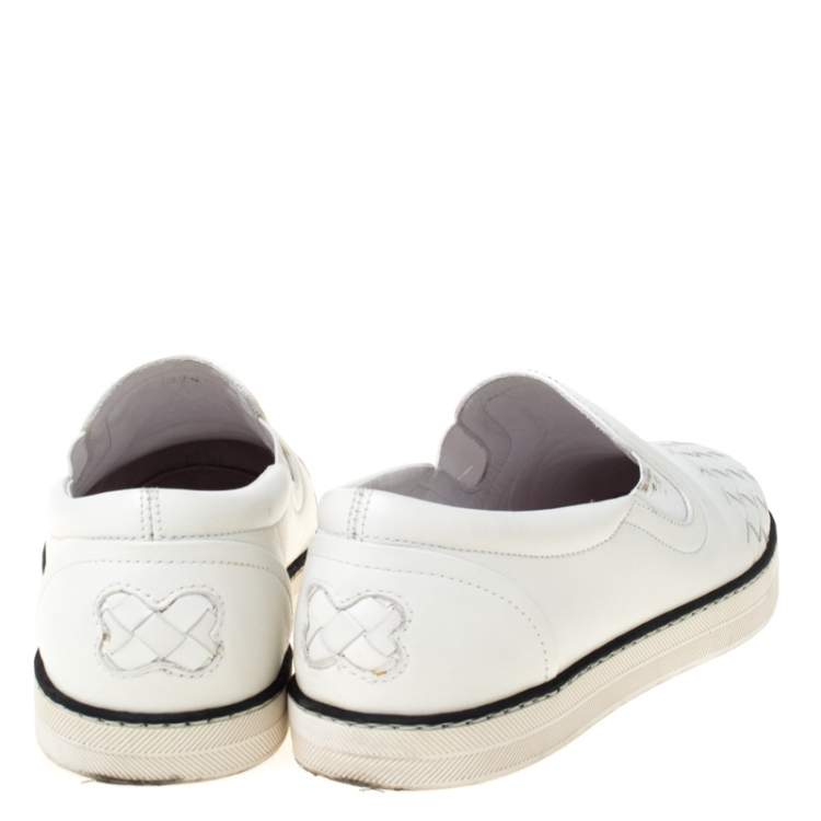 Pre Owned Bottega Veneta White Intrecciato Leather Dodger Slip On Sneakers Size 37.5