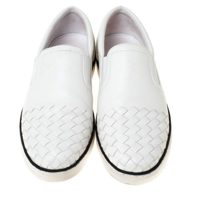Pre Owned Bottega Veneta White Intrecciato Leather Dodger Slip On Sneakers Size 37.5